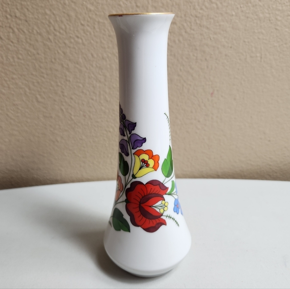 Kalocsa Vintage Porcelain Vase Handpainted Folk Art Floral Made in Hungary